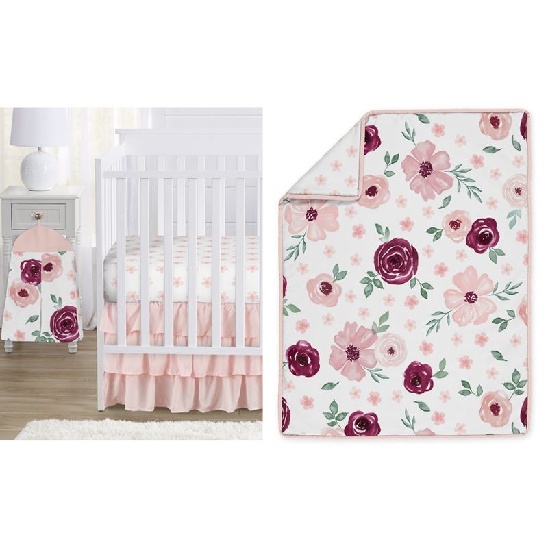 Sweet Jojo Designs Girl Baby Crib Bedding Set - Watercolor Floral Collection Burgundy and Pink 4pc, 1 of 8
