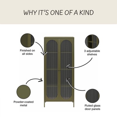 Olive Green Tall Metal Cabinet with Fluted Glass Doors