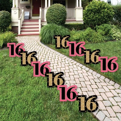 Big Dot of Happiness Chic 16th Birthday - Pink, Black and Gold Lawn Decorations - Outdoor Birthday Party Yard Decorations - 10 Piece