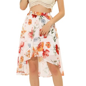 INSPIRE CHIC Women's High Low Hem Elastic Waist Lurex Chiffon A-Line Midi Floral Skirt - 1 of 4