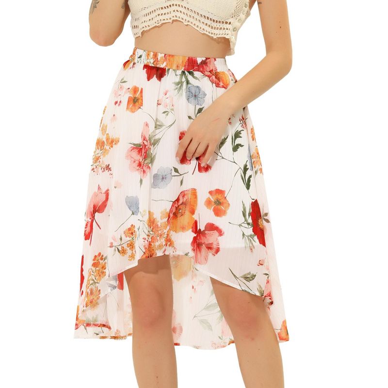 Allegra K Women's High Low Hem Elastic Waist Lurex Chiffon A-Line Midi Floral Skirt, 1 of 6