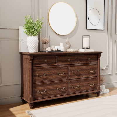 Farmhouse 7 Drawers Dresser for Bedroom with 4 Solid Wood Feet & Column Decor & Metal Slide, Storage Dressers for Bedroom