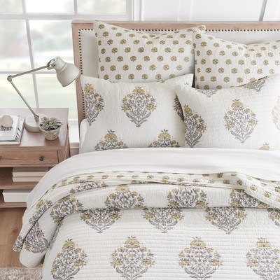 Kamira Gray and Cream Cotton Twin Reversible Quilt Set