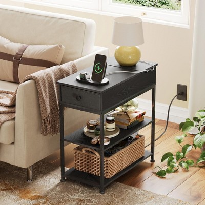 Side Table with 2 USB Ports and 2 Outlets, Flip Top End Table with Drawer and Storage Shelves, End Stand with Charging Station