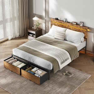 Queen Bed Frame with Wood Headboard Metal Platform Bed with 2 Storage Drawers Shelf Built-in Charging Station LED Lights No Box Spring Needed - 1 of 4