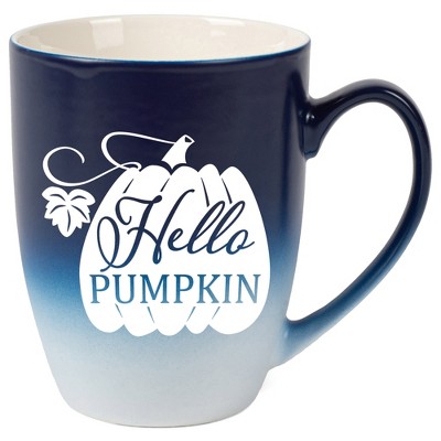 Elanze Designs Hello Pumpkin Two Toned Ombre Matte Navy Blue and White 12 ounce Ceramic Stoneware Coffee Cup Mug