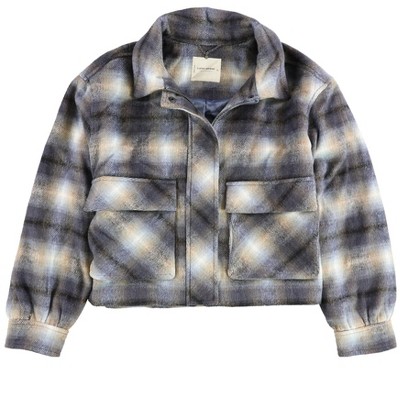Lucky Brand Womens Cropped Brushed Plaid Shirt Jacket