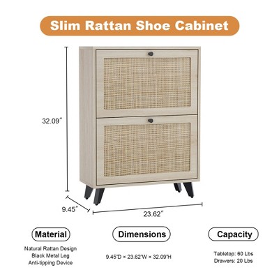 Angel Sar Rattan Shoe Cabinet for Entryway, Slim Shoe Storage Cabinet with 2 Flip Drawers, Natural Wood