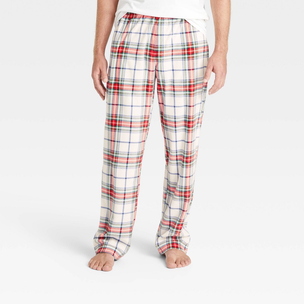 size Large Men's Plaid Holiday Matching Family Fleece Pajama Pants - Wondershop White 
