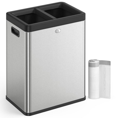 SONGMICS Dual Trash Can 16 Gal (60L) Rubbish Bin and 15 Trash Bags Metal  Step Bin with Dual Compartments Silver and Black 