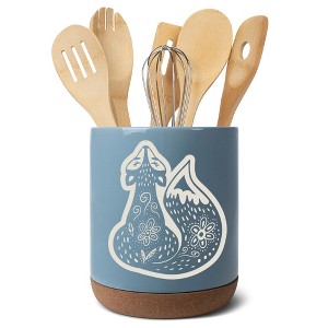 Elanze Designs Kitchen Utensil Holder With Non Slip Cork Base Large 8 Inch Ceramic Storage Crock Forest Animal Countertop Organizer Sly Floral Fox Sky - 1 of 4