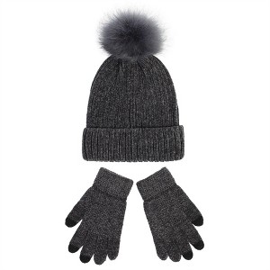 Anna-Kaci Knit Beanie and Touchscreen Gloves 2-Piece Winter Accessory Set with Ribbed Cuff Design and Fluffy Pom Pom Detail - 1 of 3