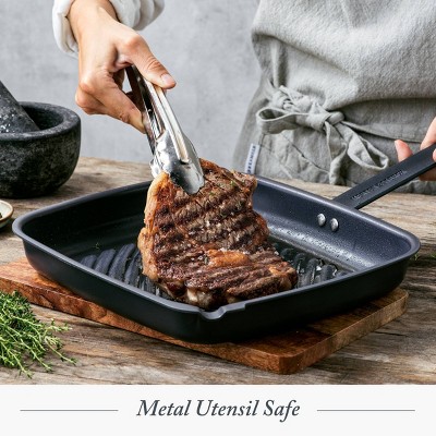 Merten & Storck Black Carbon Steel Square Grill Pan with Steel Handle
