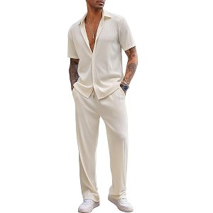 COOFANDY Men's 2 Piece Outfit Casual Short Sleeve Button Down Shirt Beach Summer Loose Pant Sets - 1 of 4