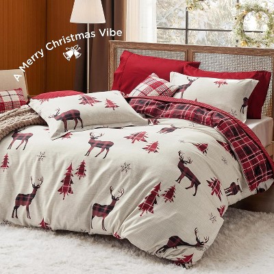 Bedsure Christmas Duvet Cover, Reversible Plaid Bedding Set with Reindeer, 3 Pieces
