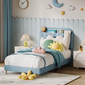 Velvet Upholstered Twin Bed Frame with Storage Headboard for Kids - Quiet Wood Slat Support, Easy Assembly, No Box Spring Needed - 1 of 4