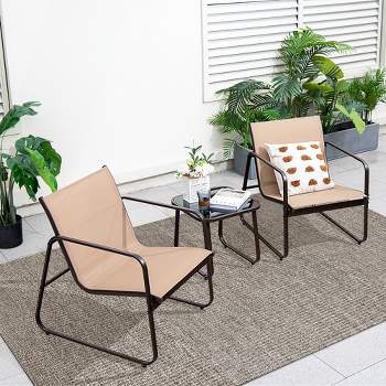 Costway 3 Pieces Patio Conversation Set Outdoor Metal Chair & Table Tempered Glass Top