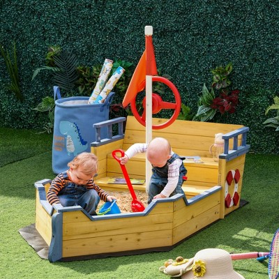 VYNXARIA Wooden Kids Pirate Sandbox, Outdoor Sandboat with Bench Seats, Storage, Non-Woven Fabric Cloth for Backyard, Lawn