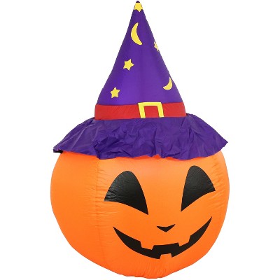 Sunnydaze 4 Foot Self Inflatable Blow Up Jack-O' Lantern with Witch Hat Outdoor Holiday Halloween Lawn Decoration with LED Lights