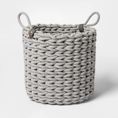 Large Coiled Rope Fishtail Weave Basket with Faux Leather Accent Gray - Project 62™