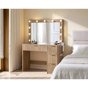 AMERLIFE Makeup Vanity Desk with Mirror & LED Lights, Drawers, Tempered Glass Top, Charging Station, Modern Bedroom Dressing Table - 1 of 4