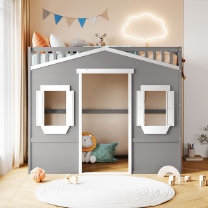 NicBex Twin Size Loft Bed Classic House Shape Pine Bunk Bed Frame with Windows, Ladder and Full Length Guardrail, No Box Spring Required - 1 of 4