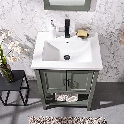 24-inch Pewter Green Solid Poplar Vanity with White Ceramic Sink