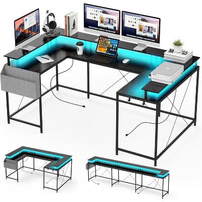 U Shaped Home Office Desk, Reversible L Shaped Gaming Computer Desk with Power Outlets,126 Inch Computer Desk with Monitor Stand （Black）