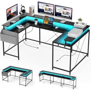 U Shaped Home Office Desk, Reversible L Shaped Gaming Computer Desk with Power Outlets,126 Inch Computer Desk with Monitor Stand （Black） - 1 of 4