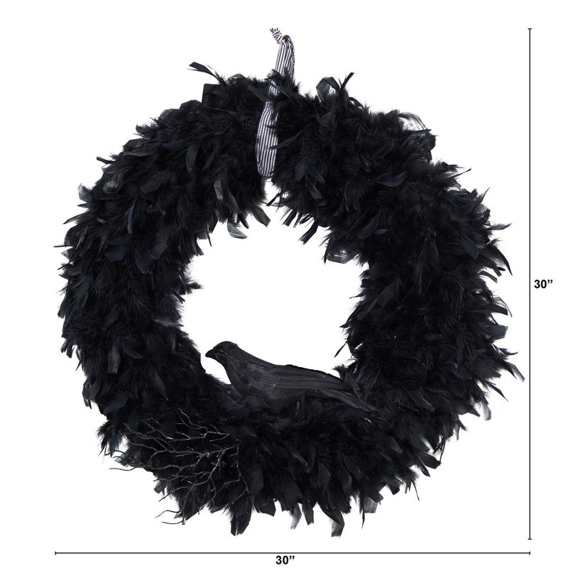 Nearly Natural 30" Halloween Raven Feather Wreath, 3 of 5