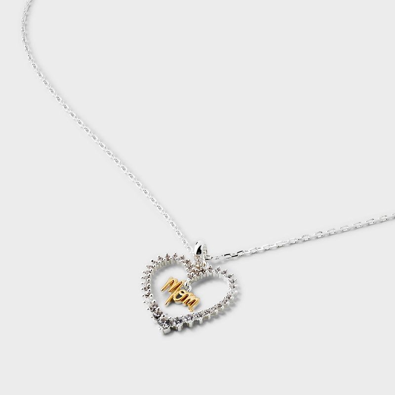 Silver Plated Two Tone &#34;Mom&#34; Cubic Zirconia Open Heart Pendant Necklace - Gold/Silver, 4 of 5