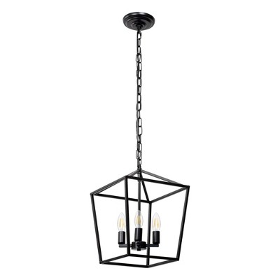 YANSUN 4-Light Geometric Cage Lantern Pendant Light with Black Finish Black