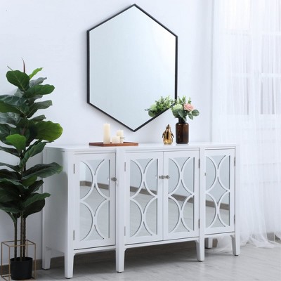 Contemporary Black Wood and Silver Metal Hexagon Mirror 38"