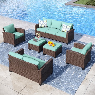Captiva Designs 6pc Outdoor Patio Wicker Conversation Set with Cushioned Loveseat for Garden Poolside Backyard