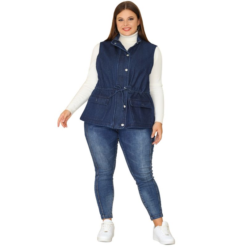 Agnes Orinda Women's Plus Size Utility Anorak Cargo Drawstring Jean Denim Jacket Vest, 3 of 6