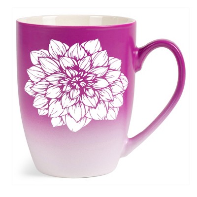 Elanze Designs Botanical Floral Nature Coffee Cup Mug 12 Ounce Ceramic With Ombre Gradient Elegant Minimalist Dahlia Flower Silhouette Pink and White