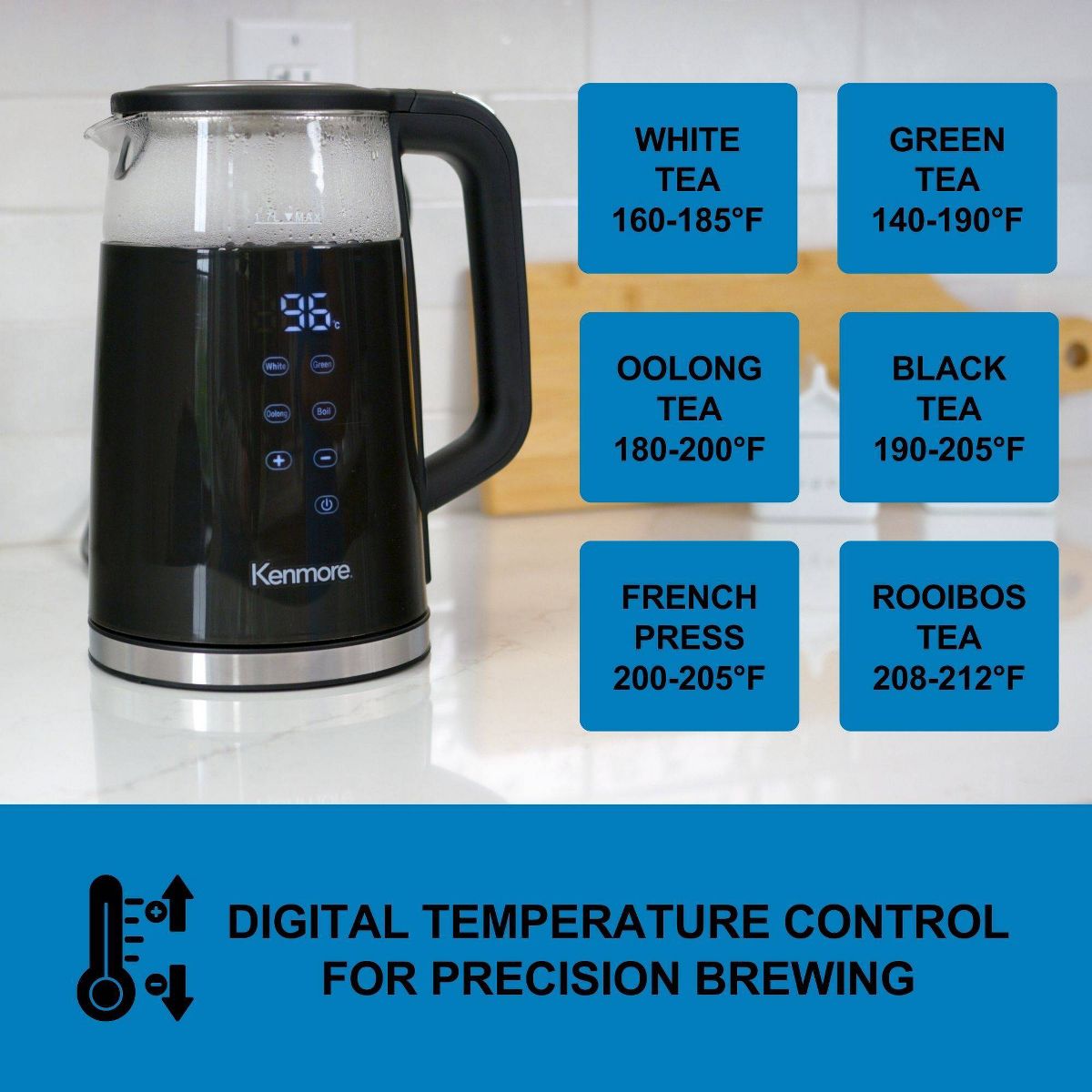 Kenmore Glass Electric Kettle 1.7L Digital Temperature Control Black: Cordless Water Kettle, Anti-Scale Filter - thumbnail 5