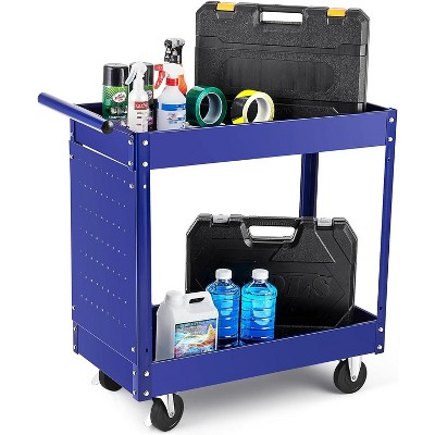 2 Tier Rolling Tool Cart 330 LBS, 2 Shelf Steel Utility Cart with 4 Hooks, Metal Utility Cart On Wheels for Garage, Workshop, Repair Shop