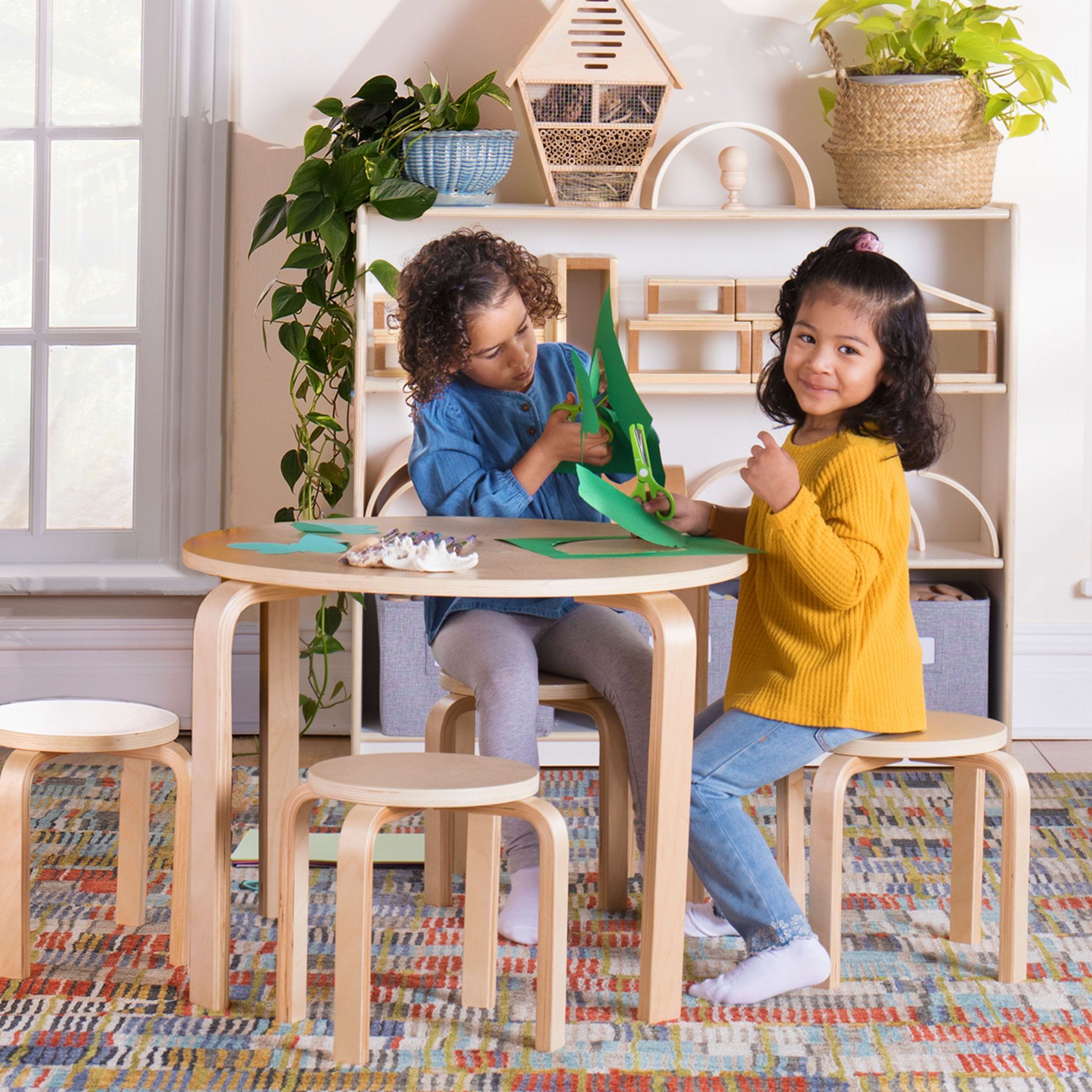 Guidecraft Kids' Nordic Table and Chairs Set - Natural: Wooden Round Classroom and Playroom Toddler Activity Table with 4 Stools