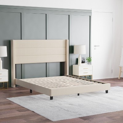 Beige Queen Upholstered Platform Bed with Wingback Headboard