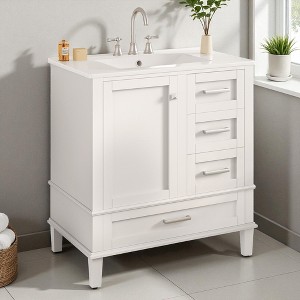 Mshliw 30" Modern Bathroom Vanity with Sink, 1 Soft-Close Door, 3 Drawers, Solid Wood Frame & Storage Shelves, Freestanding Cabinet - 1 of 4