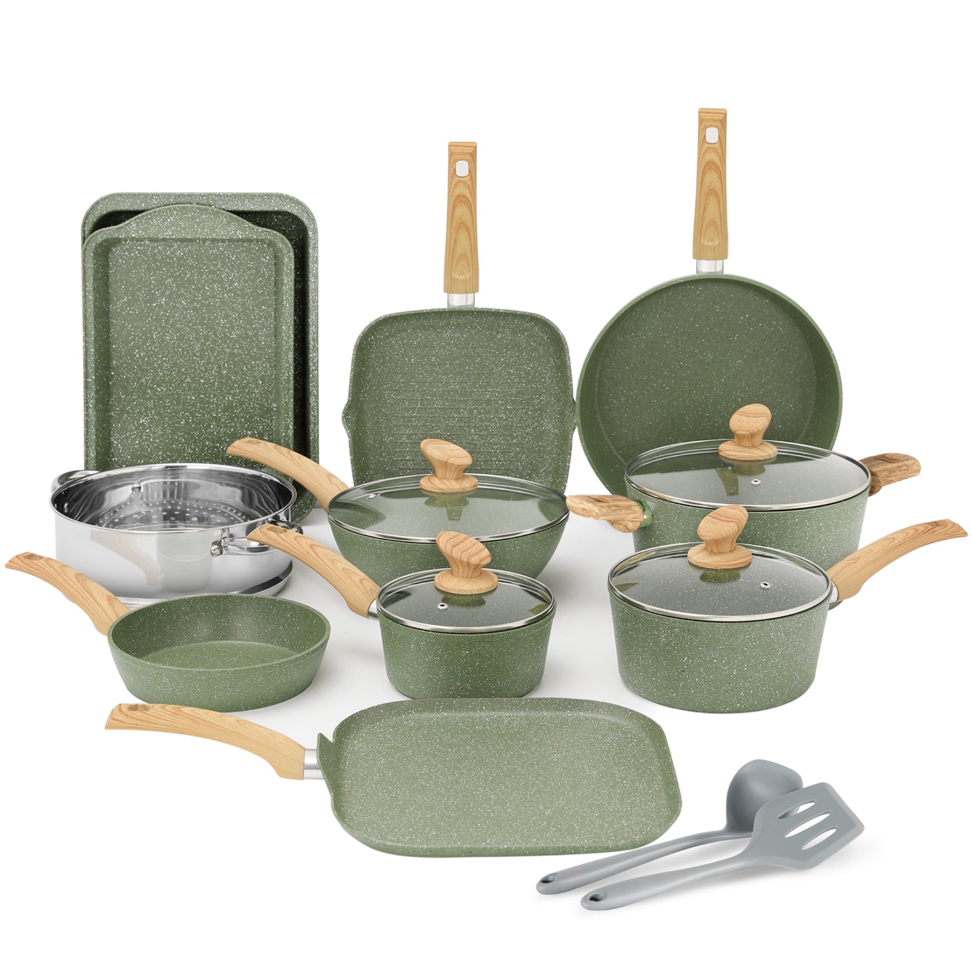 Captiva Designs 17-Piece Non-Toxic Granite Nonstick Cookware Set, Induction Compatible, Oven Safe, Lightweight with Stay-Cool Handle, Green