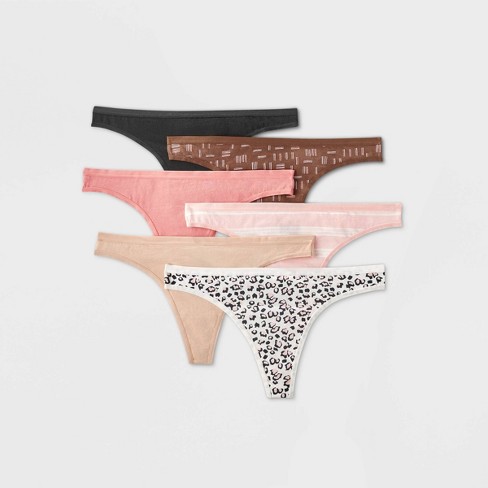 Women's 6pk Print Thong - Auden™ Pink/Black/Brown XS