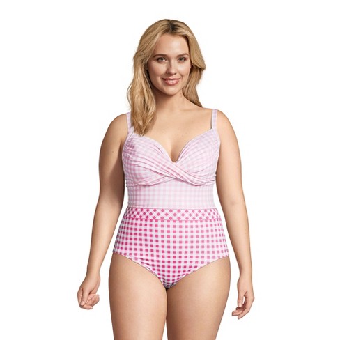 Lands' End Draper James X Lands' End Women's Plus Size Tummy Control  Chlorine Resistant Wrap One Piece Swimsuit - 16w - Hot Pink Gingham Mix :  Target