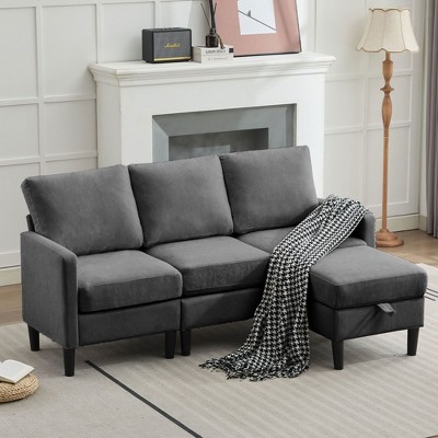 HYLEORY L-Shaped Convertible Sectional Sofa Couch 3 Seater with Linen Fabric, Complete with Ottoman, for Living Room, Apartment and Office