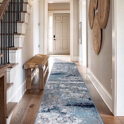 Blue and Gray Abstract Polypropylene Runner Rug 2'7" x 12'