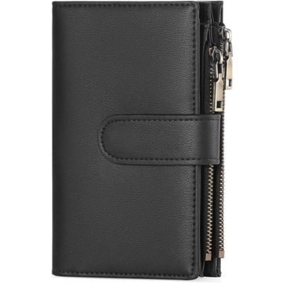BEAFUP Women's wallet - Stylish Vintage Leather RFID Wallet for Women with 3 Transparent ID Windows, 2 Zipper Pockets