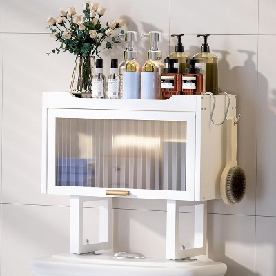 MaseiKar Over The Toilet Storage Cabinet, Bamboo Bathroom Organizer Rack with Lid and 2 Hooks, No Drilling Design £¬Black