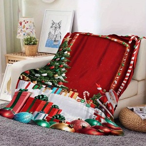 1-Pack Festive Christmas Scene Blanket with Santa, Tree, Gifts & Snowman, All-Season Cozy Throw with Candy Cane Border & Holly Decorations. - 1 of 4