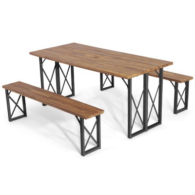 Costway 3 PCS Outdoor Acacia Wood Patio Dining Table Bench Set with 2'' Umbrella Hole